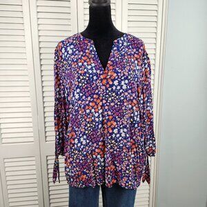 🔥Cynthia Rowley XL Navy Floral Blouse 3/4 Sleeve Tie Detail Rayon Spring